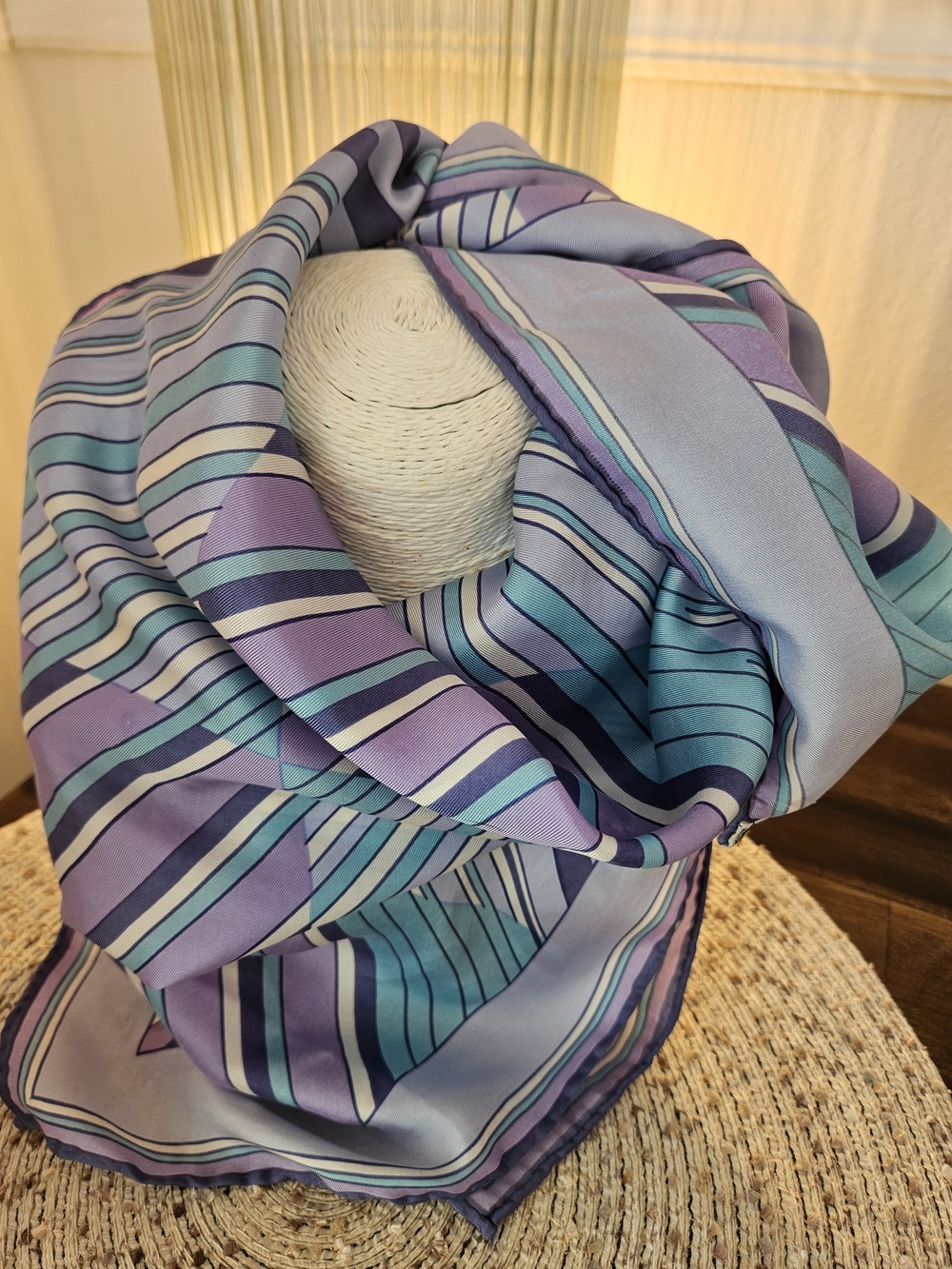 Echo Purple, Lavender ,C ream  and Teal Striped Silk Scarf